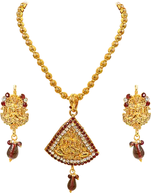 Traditional Gold Necklace Earrings Set PNG image