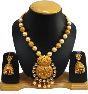Traditional Golden Jewelry Set Display PNG