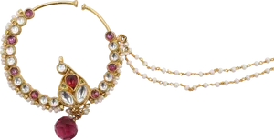 Traditional Indian Nose Ringwith Chain PNG image