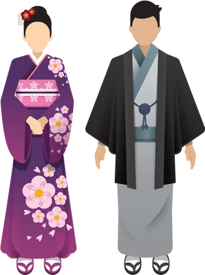 Traditional Japanese Kimono Couple Illustration
