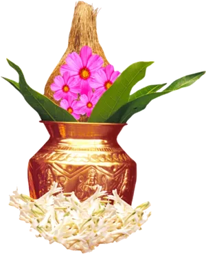 Traditional Kalash With Flowers And Coconut PNG image