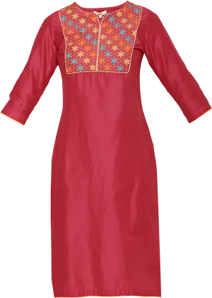 Traditional Red Kurtawith Floral Embroidery PNG image