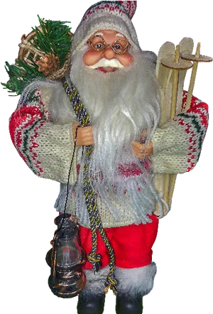 Traditional Santa Figurinewith Lanternand Skis PNG image