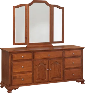 Traditional Wooden Dresserwith Triple Mirror PNG image