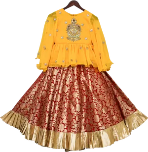 Traditional Yellow Blouse Red Lehenga Gold Trim PNG image