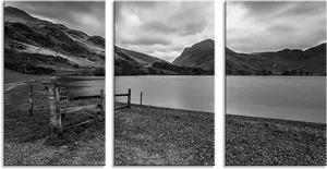 Triptych Mountain Lake Black White PNG image