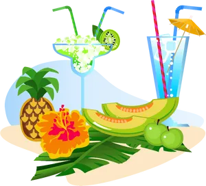 Tropical Fruit Cocktails Illustration PNG