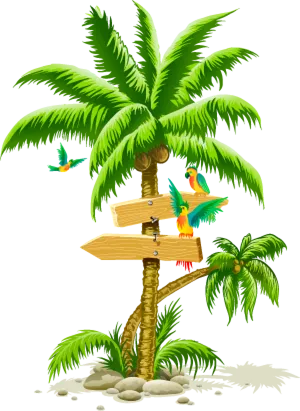 Tropical Palm Treewith Directional Signsand Parrots PNG image