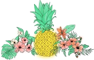 Tropical Pineappleand Flowers Illustration PNG image