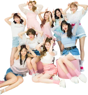 Twice Kpop Group Pose Cheerful Outfits PNG image