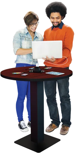 Two People Using Laptop Standing PNG image