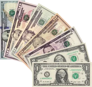 U S Currency Denominations Fanned Out PNG image