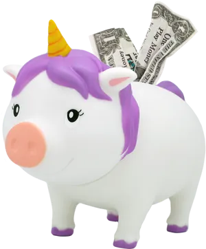 Unicorn Piggy Bankwith Cash PNG image