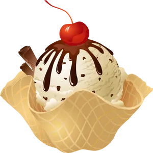 Vanilla Ice Cream Scoop Chocolate Drizzle Cherry PNG image