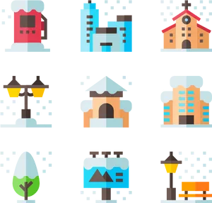 Various_ Buildings_ Under_ Snowfall_ Icons PNG image