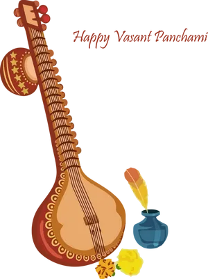 Vasant Panchami Celebration Veena Inkpot Flowers PNG image