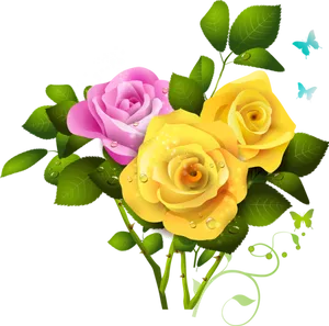 Vibrant_ Pink_and_ Yellow_ Roses_ Artwork PNG image