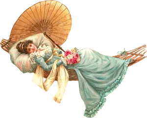 Victorian Ladyin Hammockwith Umbrella PNG image