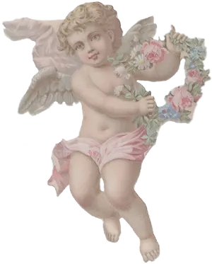 Vintage Cherubwith Floral Garland PNG image