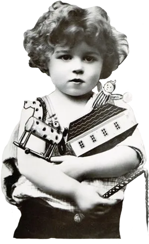 Vintage Child With Toy Houseand Doll PNG