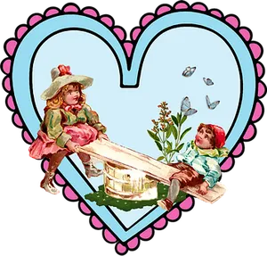 Vintage Children Playing Seesaw Heart Frame