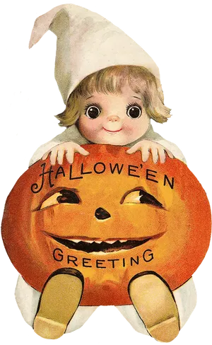 Vintage Halloween Greeting Elf Pumpkin PNG image