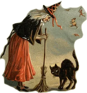 Vintage Halloween Witchand Black Cat