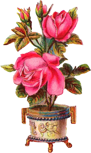 Vintage Pink Rosesin Decorative Pot PNG image