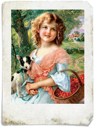 Vintage Portraitof Girlwith Dogand Basketof Flowers