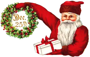 Vintage Santa Clauswith Wreathand Gift PNG image