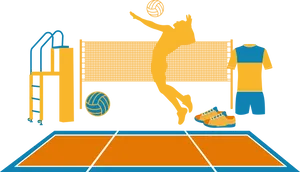 Volleyball Equipmentand Player Silhouette PNG image