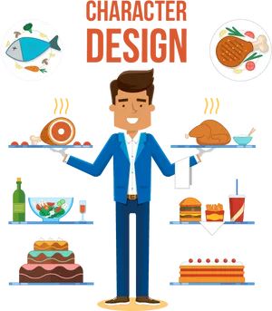 Waiter Character Designwith Food Items