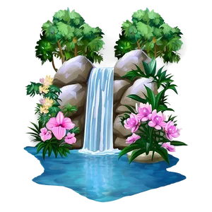 Waterfall And Blooming Flowers PNG 39