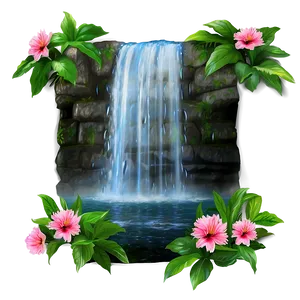 Waterfall And Blooming Flowers PNG Pri