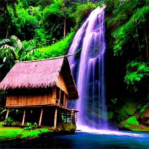 Waterfall And Traditional Hut PNG 43 PNG