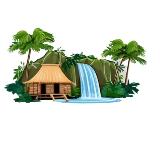 Waterfall And Traditional Hut PNG 45