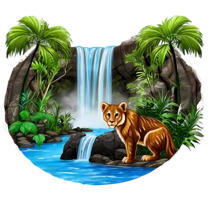 Waterfall And Wildlife Scene PNG Hse98