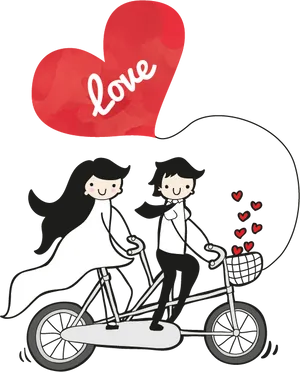 Wedding Coupleon Tandem Bicyclewith Love Balloon PNG image