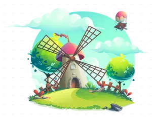 Whimsical Windmill Sky Scene PNG