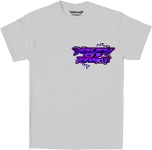 White T Shirtwith Purple Graffiti Graphic PNG image