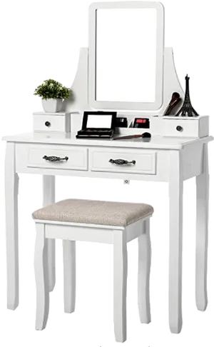 White Vanity Dressing Table With Stool PNG image