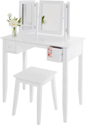 White Vanity Setwith Stooland Mirror PNG image
