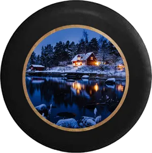 Winter Lakeside Cabin Night Scene