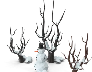 Winter Snow_ Snowman Among Bare Trees.png PNG