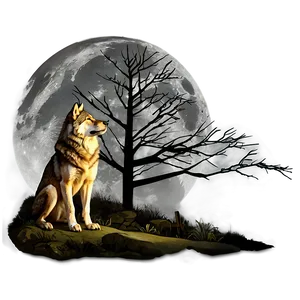 Wolf And Full Moon Night PNG 05032024