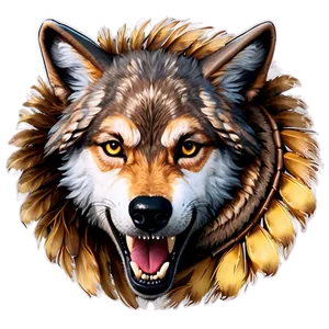 Wolf Face With Feathers PNG 06292024