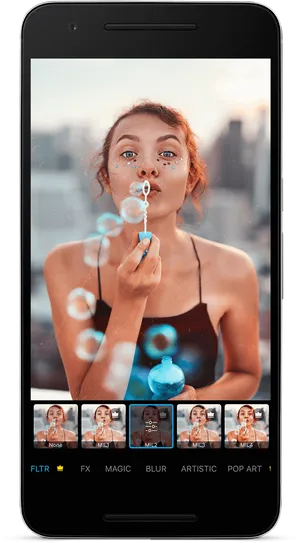 Woman Blowing Bubbles Smartphone Display PNG image