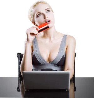 Woman Online Shopping Credit Card Thoughtful