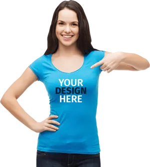 Woman Pointingat Blue Tshirt Mockup PNG image