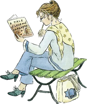 Woman Reading Book Park Bench Illustration PNG image